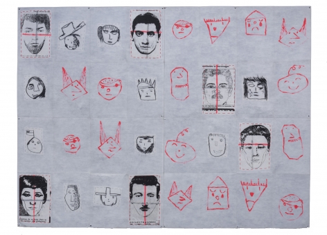 Eugenio Dittborn,&nbsp;The 9th History of the Human Face [Hierba Menuda] Airmail Painting No. 82m, 1990,&nbsp;Paint, charcoal, stitching and photosilkscreen on two sections of non woven fabric,&nbsp;82 5/8 x 110 3/16 in. (210 x 280 cm.)