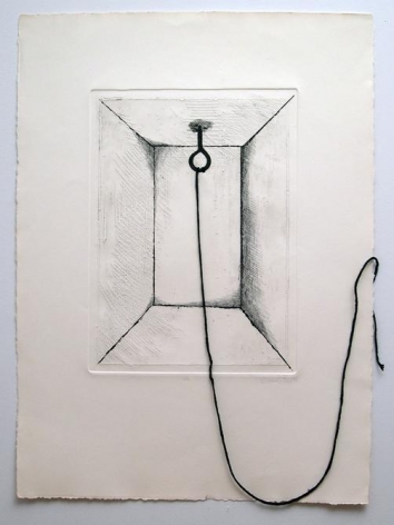 Liliana Porter, Untitled (hook), 1971. Etching with yarn, 17 3/4 in. x 13 in.