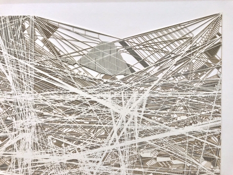Gustavo D&iacute;az, R/C/01, from the series Las redes prosiguen su camino, el cluster espera en la borrosidad (detail), 2017. Cut out paper, 23 3/8 x 69 x 1 3/4 in.&nbsp;