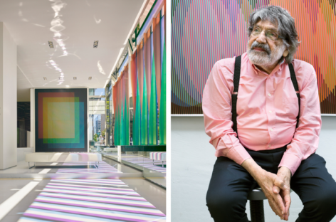 Carlos Cruz-Diez has created a permanent installation in Washington DC, in the lobby of law firm Covington at Foster + Partners&#039; CityCenter (pictured left). Photography: Hendrich Blessing. Right: the artist in front of his work Physichromie Panam No. 176, at his studio in Panama. Photography: Rose Cromwell