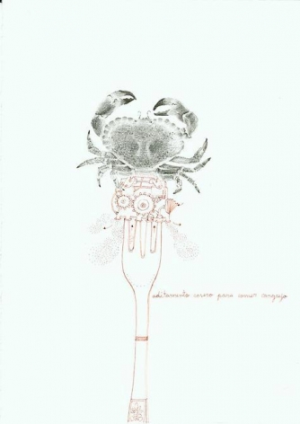 Teresa Currea, Aditamento casero para comer cangrejo, 2009, Pencil and ink on paper, 17.5 x 12.5 cm