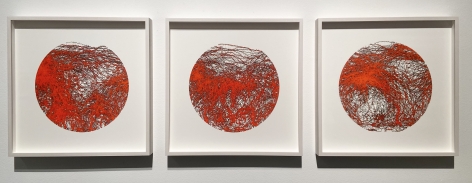 Gustavo D&iacute;az, Not yet titled [triptych], 2019. Cut out paper and pigment, 18 9/16 x 18 9/16 x 2 in. (47.2 x 47.2 x 5.1 cm.) each.