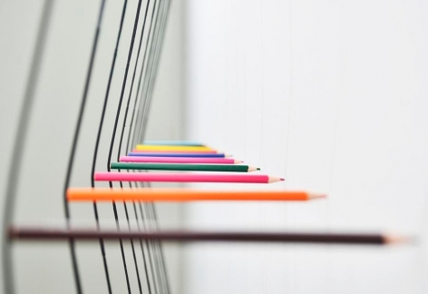 Marco Maggi, Putin&#039;s Pencils, 2017. 11 Soviet Vintage Pencils and bow strings, 60 x 120 in. /152.4 x 304.8 cm.