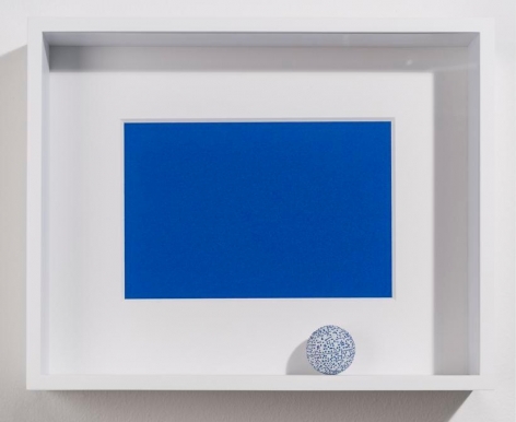 Marco Maggi, Blue Thesis, 2017. Paper Cuts on Ping Pong Ball, 14 x 11 x 2 in. / 35.6 x 27.9 x 5.1 cm.