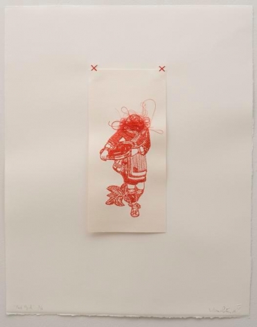 Liliana Porter, Red Girl, 2006. Digital embroidery on paper, 22 in. x 17 1/2 in.