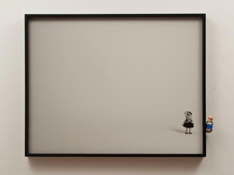 Liliana Porter. Dialogue with salt shaker. 2012. Digital duraflex, wooden shelf and object, 26 x 33 x3 in.