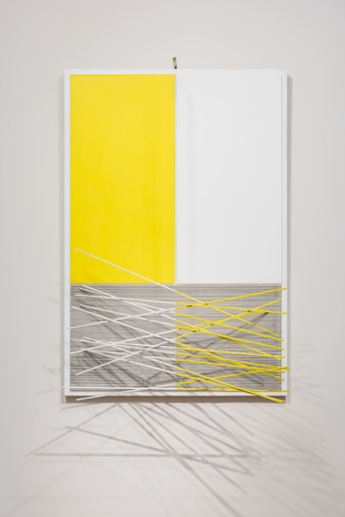 Jes&uacute;s Rafael Soto, Barres et Rectangles Jaunes et Blancs, 1965. Acrylic on board with aluminum rods and nylon wire, 62&nbsp; x 42 1/2 x 23&nbsp; in.