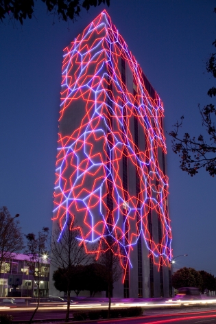 Xipe T&oacute;tec,&nbsp;2010,&nbsp;LED neon flex, aluminum, and electrical hardware,&nbsp;Exterior of 24-story building, Commissioned by Tlatelolco University Cultural Center (CCUT), UNAM, Mexico City.