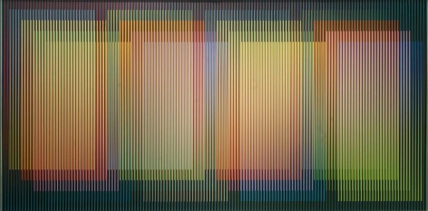 Carlos Cruz-Diez, Physichromie Panam 218, 2015. Chromography on aluminum modules with PVC inserts and aluminum frame, 78 3/4 x 157 1/2 in. / 200 x 400 cm.
