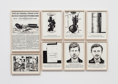 Fernando Bryce,&nbsp;Le service des explosifs, 2015, Ink on paper, Dimensions variable. Courtesy of Alexander and Bonin.
