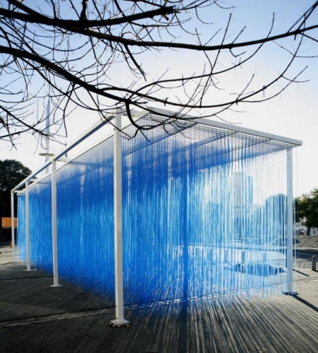 Jesús Rafael Soto, Penetrable BBL Bleu, 1999/2007 (Edition AVILA 2007; edition 8/8), painted steel and suspended polyvinyl chloride (PVC) tubes, three size configurations (1) 143 11/16 × 177 1/8 × 236 3/16 in.; (2) 143 11/16 × 177 1/8 × 393 11/16 in.; (3) 143 11/16 × 177 1/8 × 5511/8 in., Los Angeles County Museum of Art, purchased with funds provided by Ronald A. Belkin, Alice and Nahum Lainer, Willow Bay and Bob Iger, Colleen and Brad Bell, Lynda and Stewart Resnick, Mary Solomon, C. E. Horton, Hana Kim and Kelvin Davis, Ann Colgin and Joe Wender, Rebecka and Arie Belldegrun, the Louis L. Borick Foundation, Andy and Carlo Brandon-Gordon, Mary and Daniel James, Janet Dreisen Rappaport, Nadine and Fredric D. Rosen, Florence and Harry Sloan, Susan and Eric Smidt, Estrellita and Daniel Brodsky, Wendy Stark Morrissey, and Surpik and Paolo Angelini through the 2020 Collectors Committee, © Jesús Rafael Soto. Installation view of Penetrable BBL Bleu, 1999, Art Contemporain, La Voie des Arts, Saint-Loubouer, 2009, photo: Archives Soto